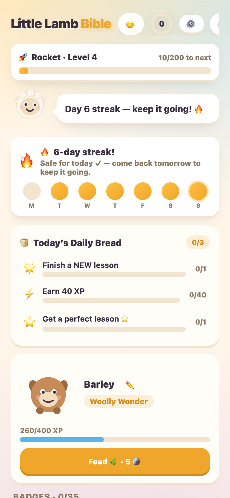 The home screen a kid sees every day: stories, goals, and progress.