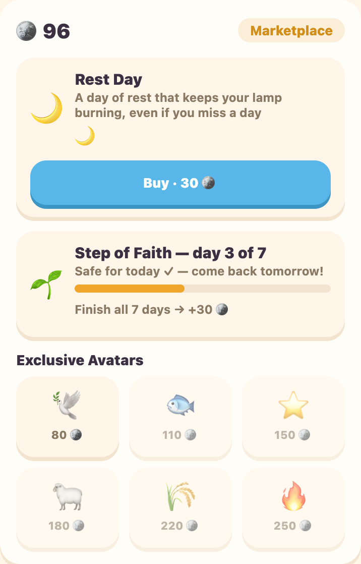 The Marketplace: Rest Days, the Step of Faith streak, and exclusive avatars.