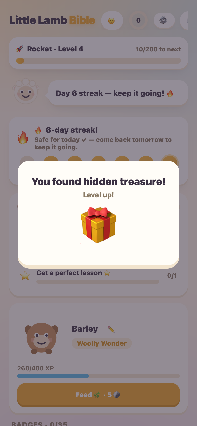 Hidden Treasure — a surprise chest for leveling up, a streak milestone, or finishing the day's quests.